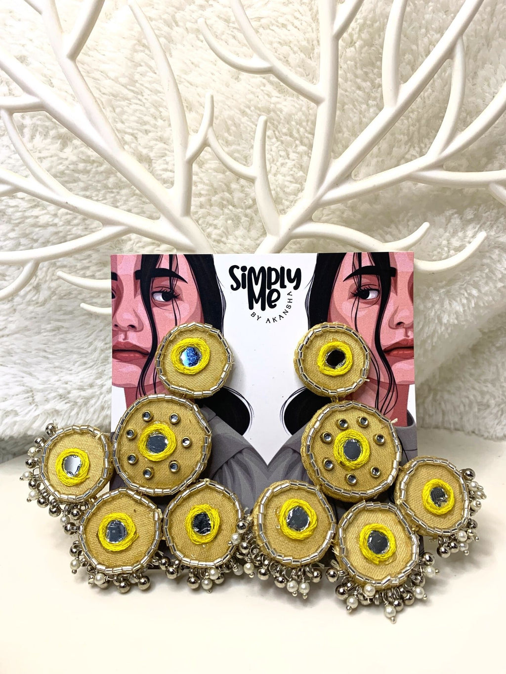 Yellow Mirror Work Layered Earrings