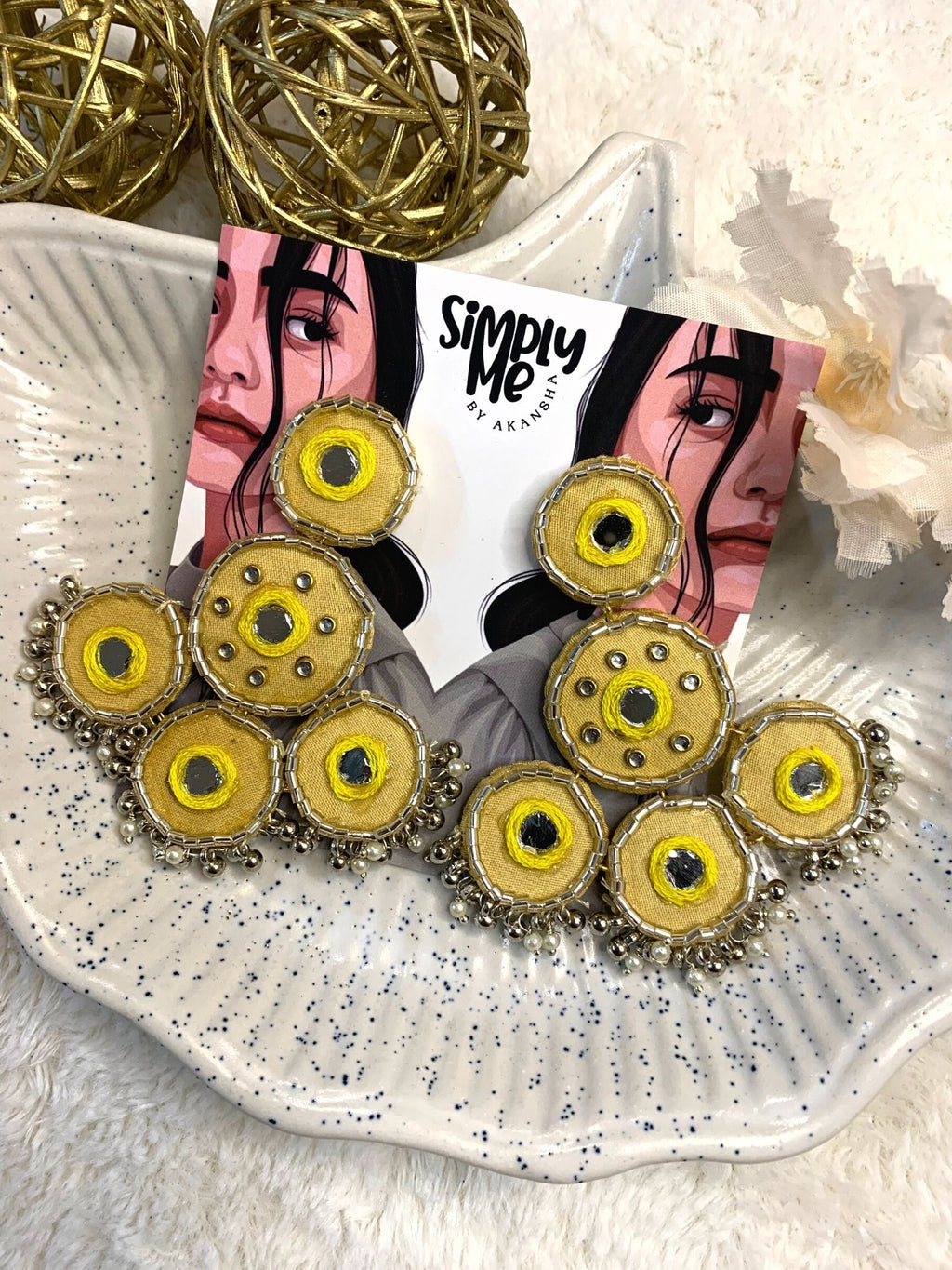 Yellow Mirror Work Layered Earrings