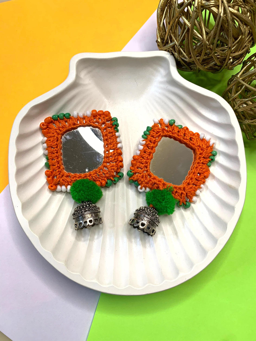 Orange Square Mirror Tiranga Earring